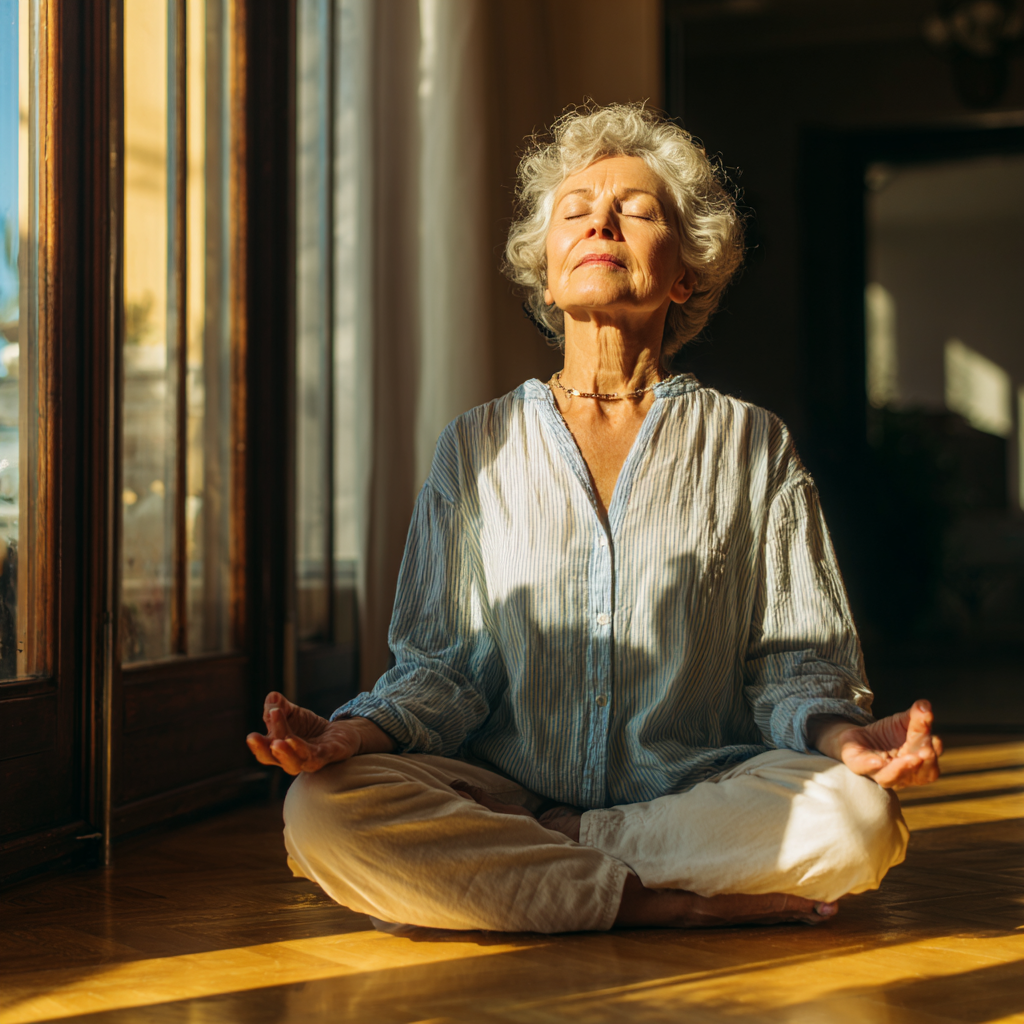 Peaceful elderly European woman practicing yoga in natural sunlight, sitting in meditation pose with serene expression