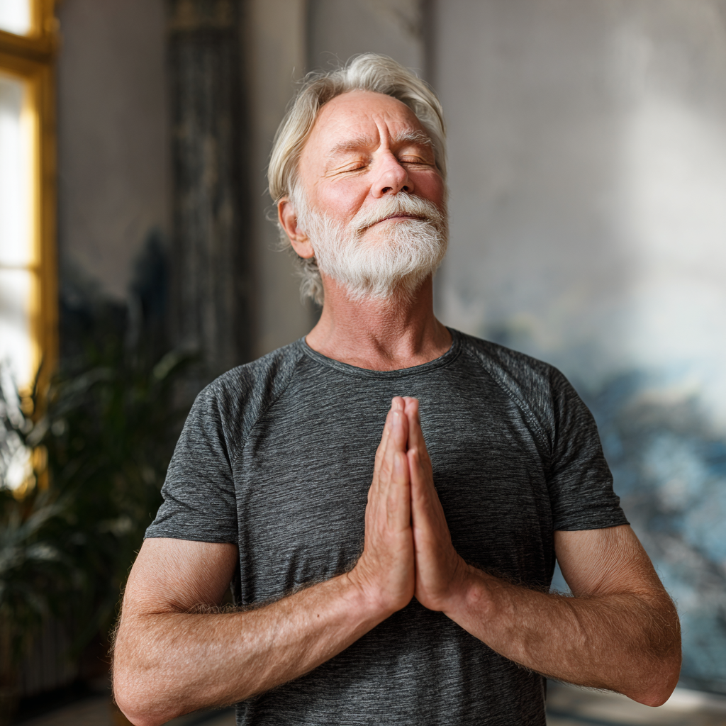 Elderly European man demonstrating mountain pose yoga position with focused expression in peaceful indoor setting