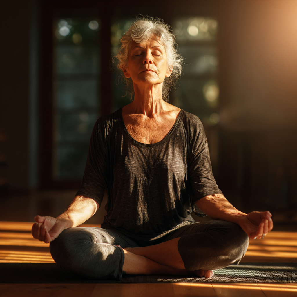 Group of elderly European people practicing yoga together in bright studio, showing community and wellness